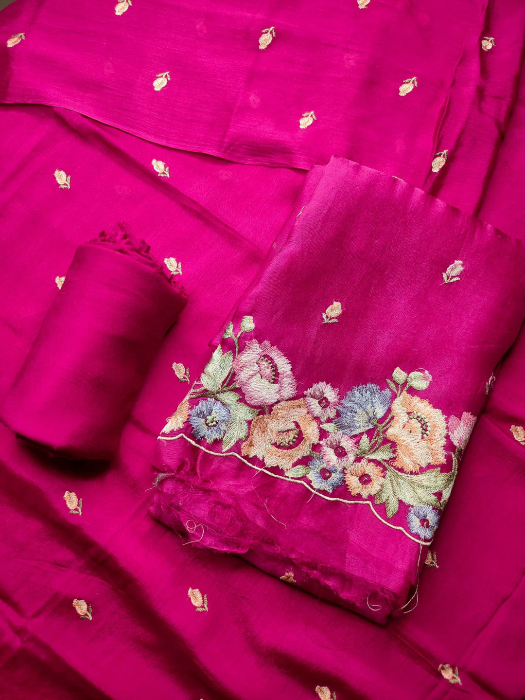 Magenta Suit Fabric with Golden Floral Embroidery