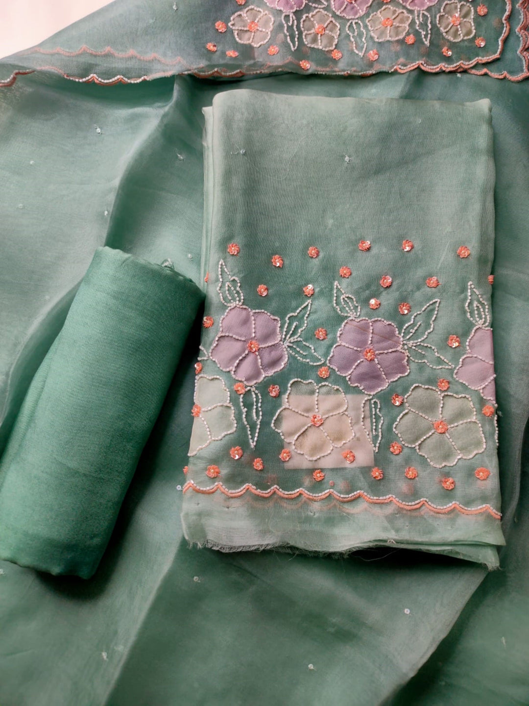 Sage Green Suit Fabric with Pink Floral Embroidery