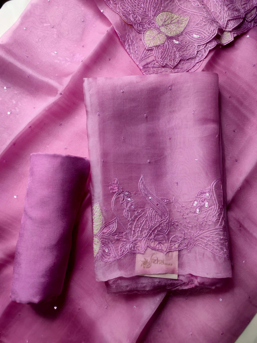 Lavender Pink Suit Fabric with Floral Embroidery & Sequin Work