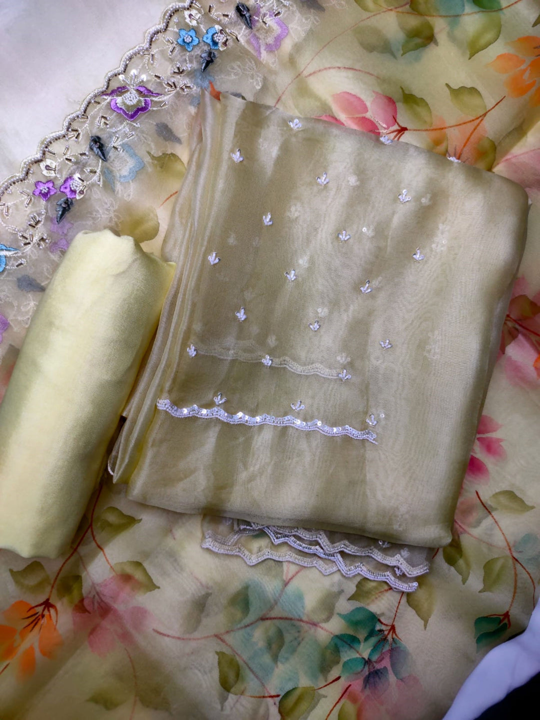 Light yellow Color Organza Dress Material
