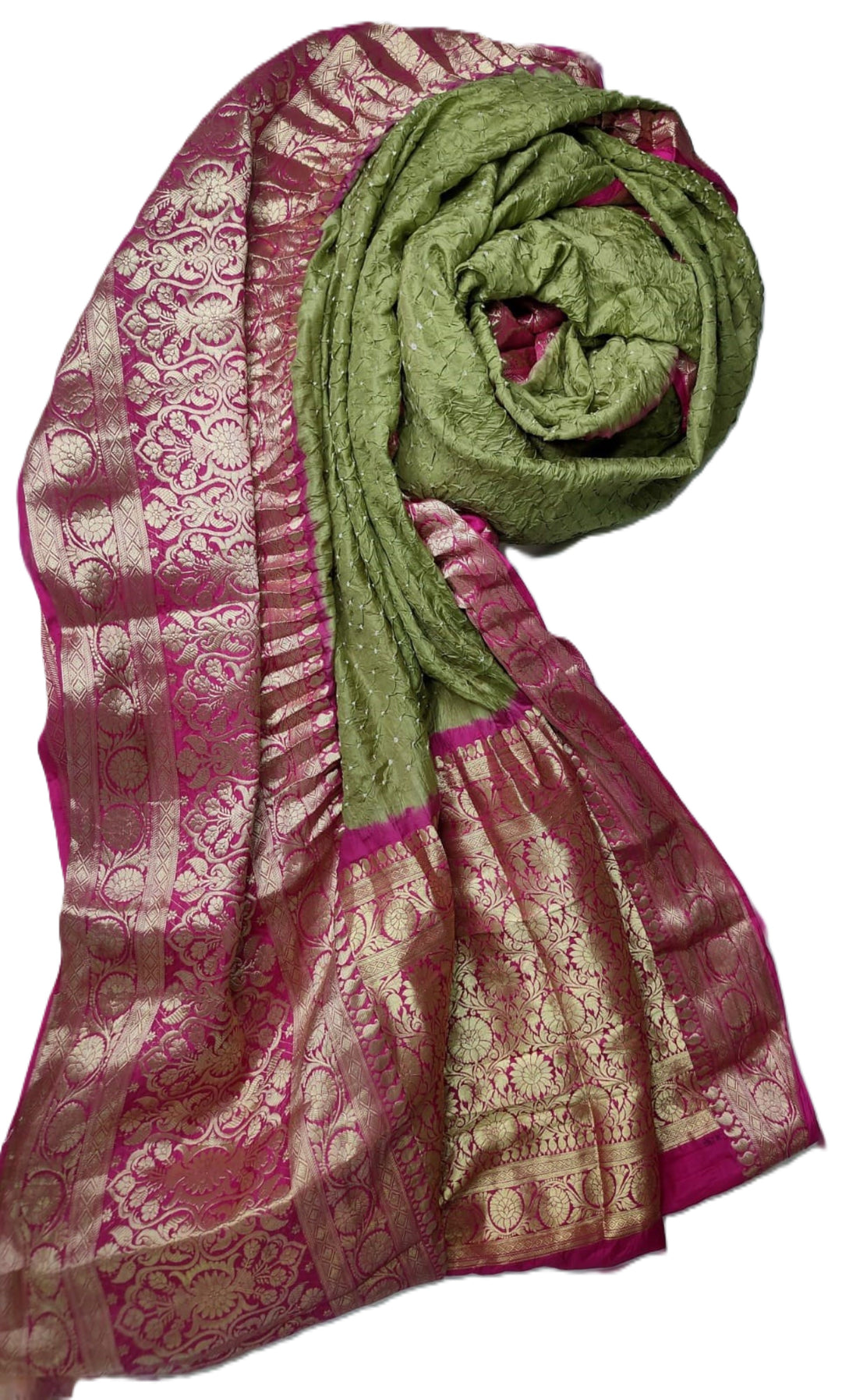 Maroon and Green Bandhani Saree with Brocade Work