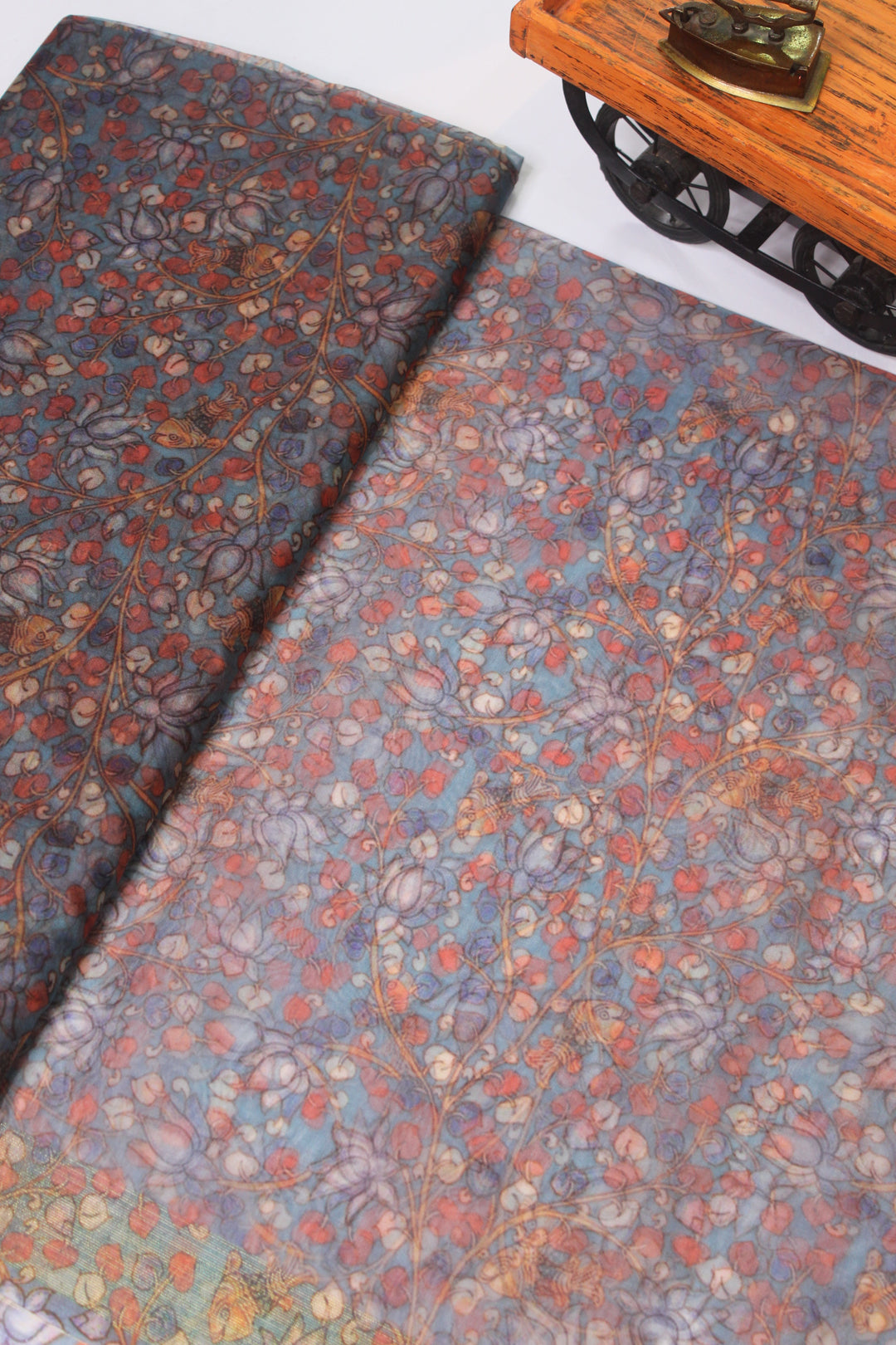 Blue colour organza fabric with floral design