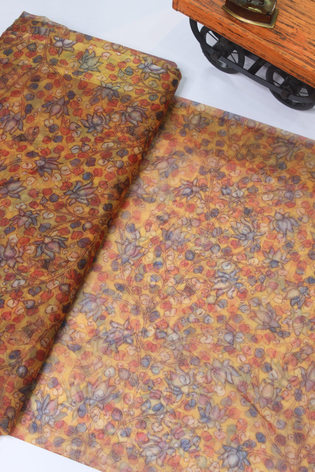 Mustard colour organza fabric with floral design