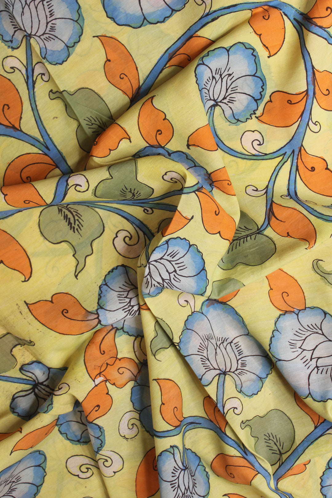 Yellow hand painted Pen kalamkari Fabric