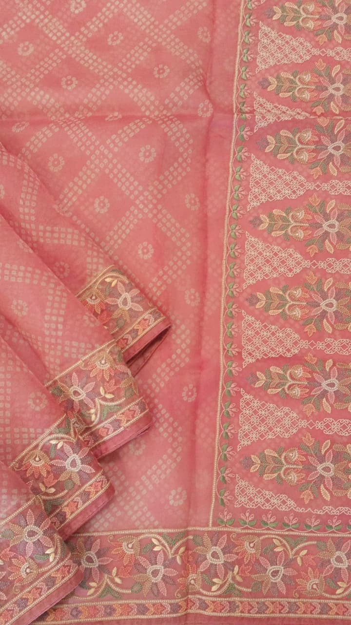 Onion Pink Pure Organza Thread Work Saree