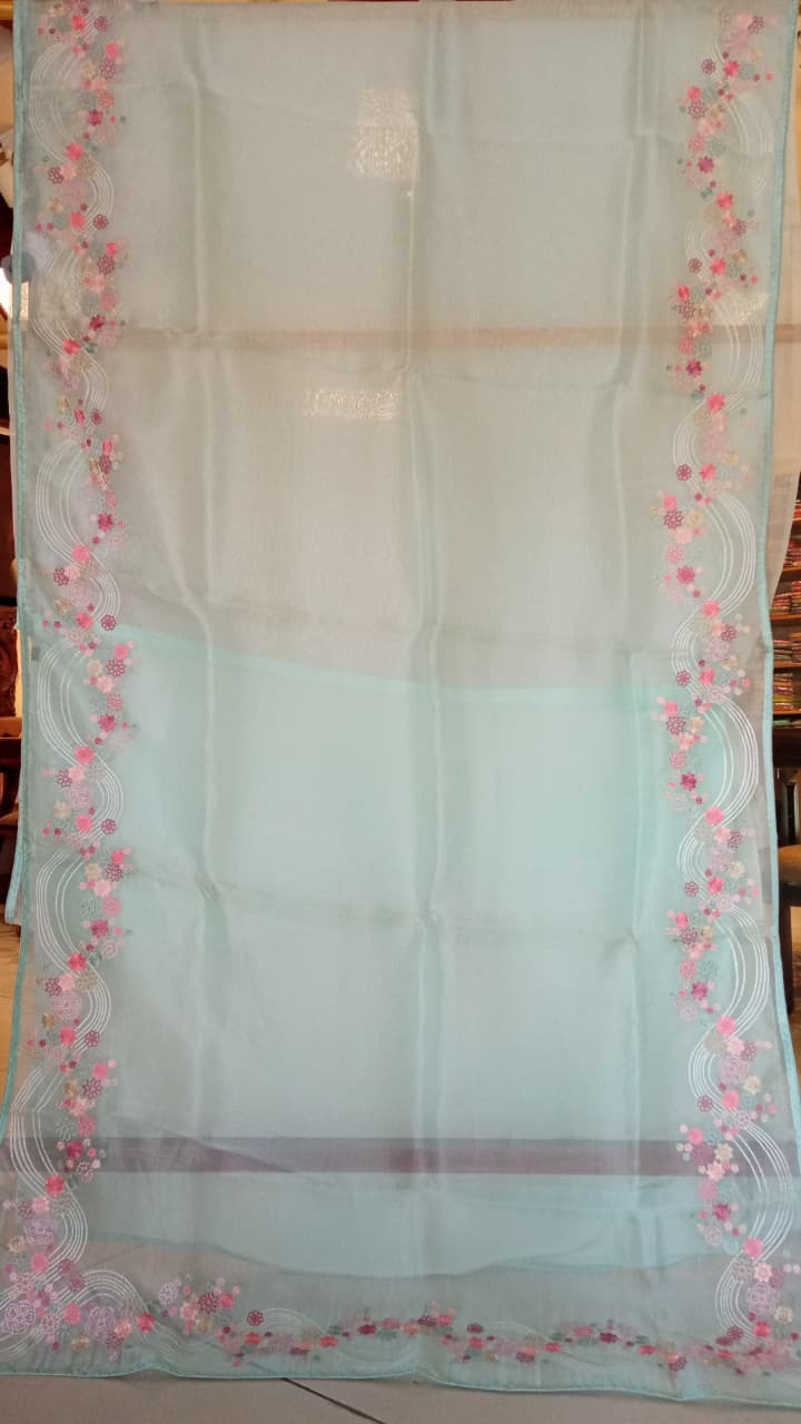 Sea Green Pure Organza Saree with Thread Work