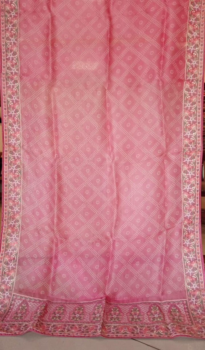 Onion Pink Pure Organza Thread Work Saree
