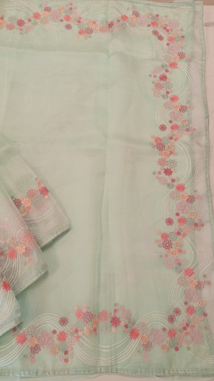 Sea Green Pure Organza Saree with Thread Work