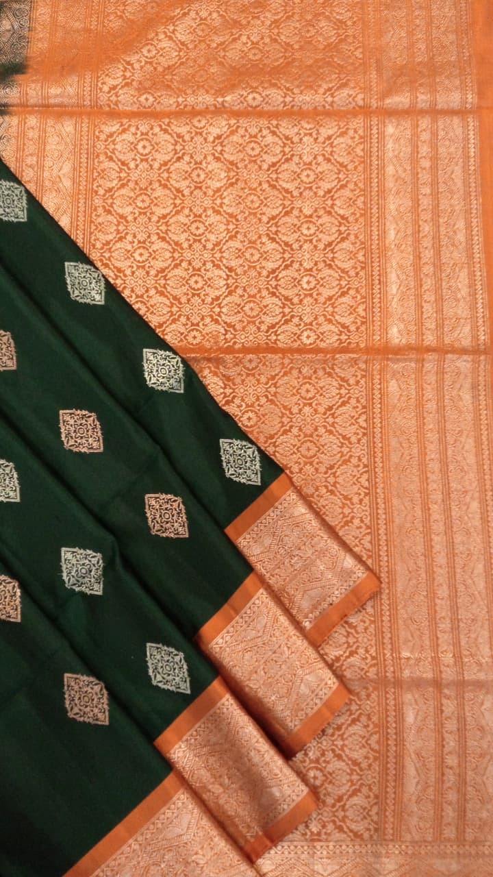 Soft Silk Saree - Bottle Green and Copper Orange