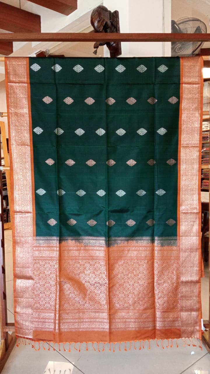 Soft Silk Saree - Bottle Green and Copper Orange