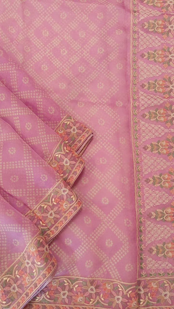 Lavender Pure Organza Thread Work Saree
