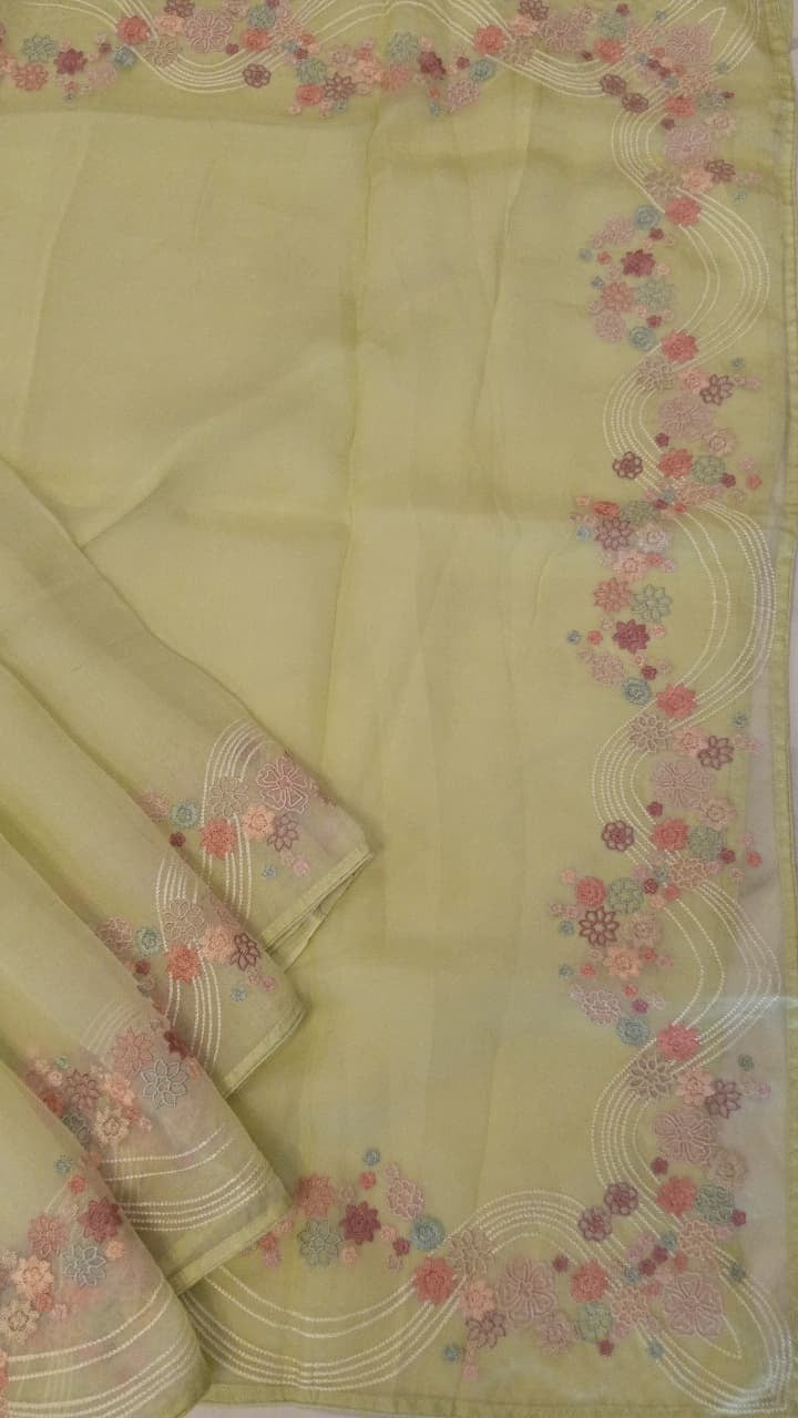 Pista Green Pure Organza Saree with Thread Work