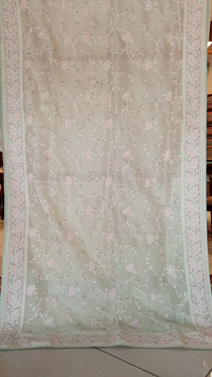 Sky Blue Pure Organza Full Thread Work Saree