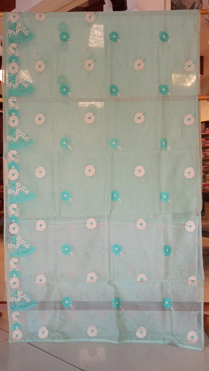Sea Green Silk Kota Thread Work Embroidery Saree