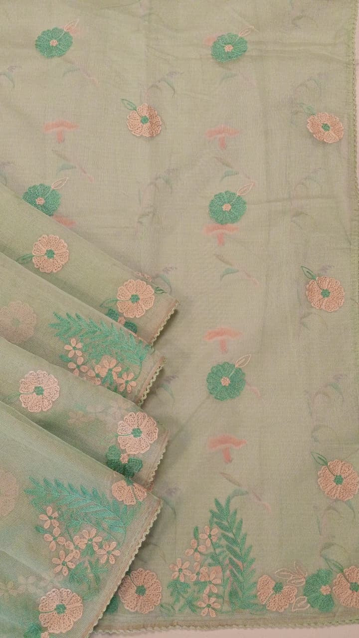 Sea Green Silk Kota Thread Work Embroidery Saree