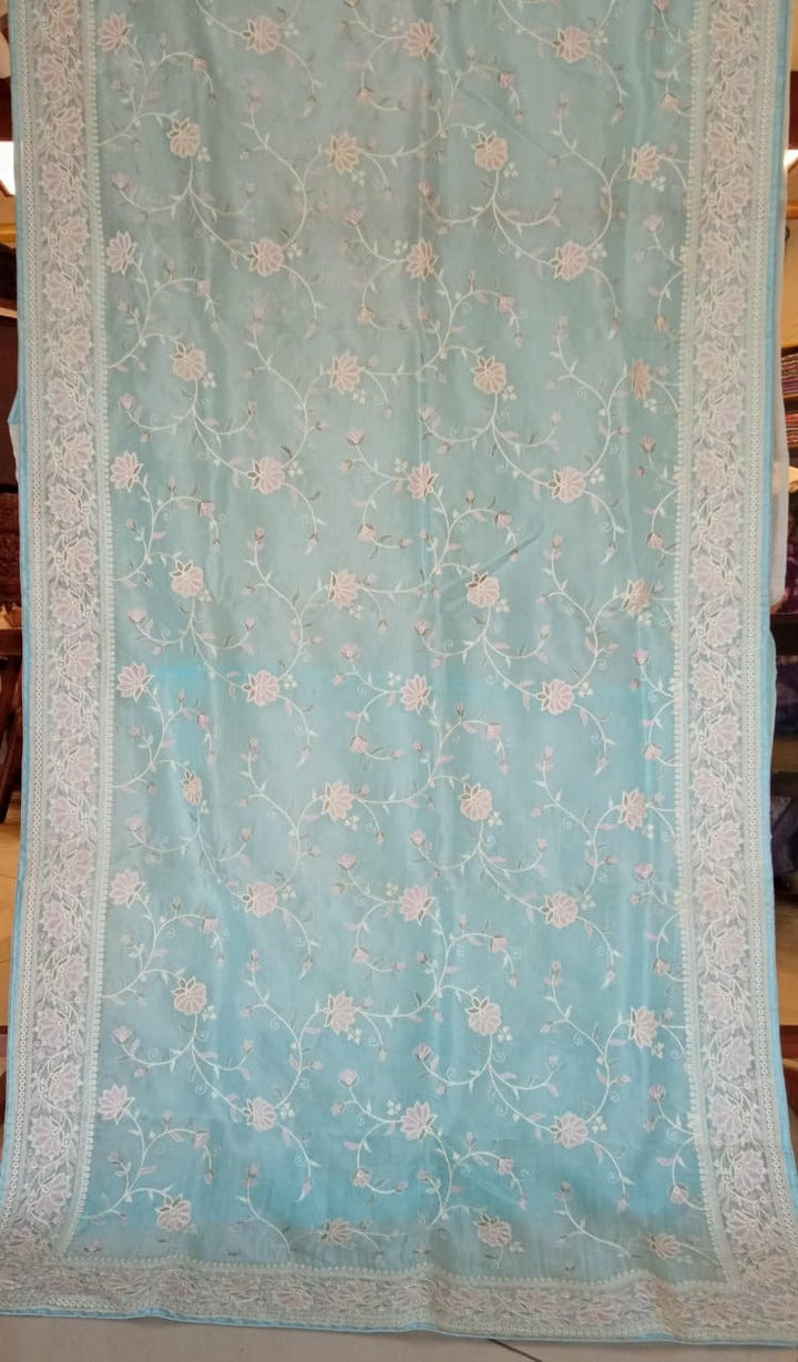 Light Sea Green Pure Organza Full Thread Work Saree