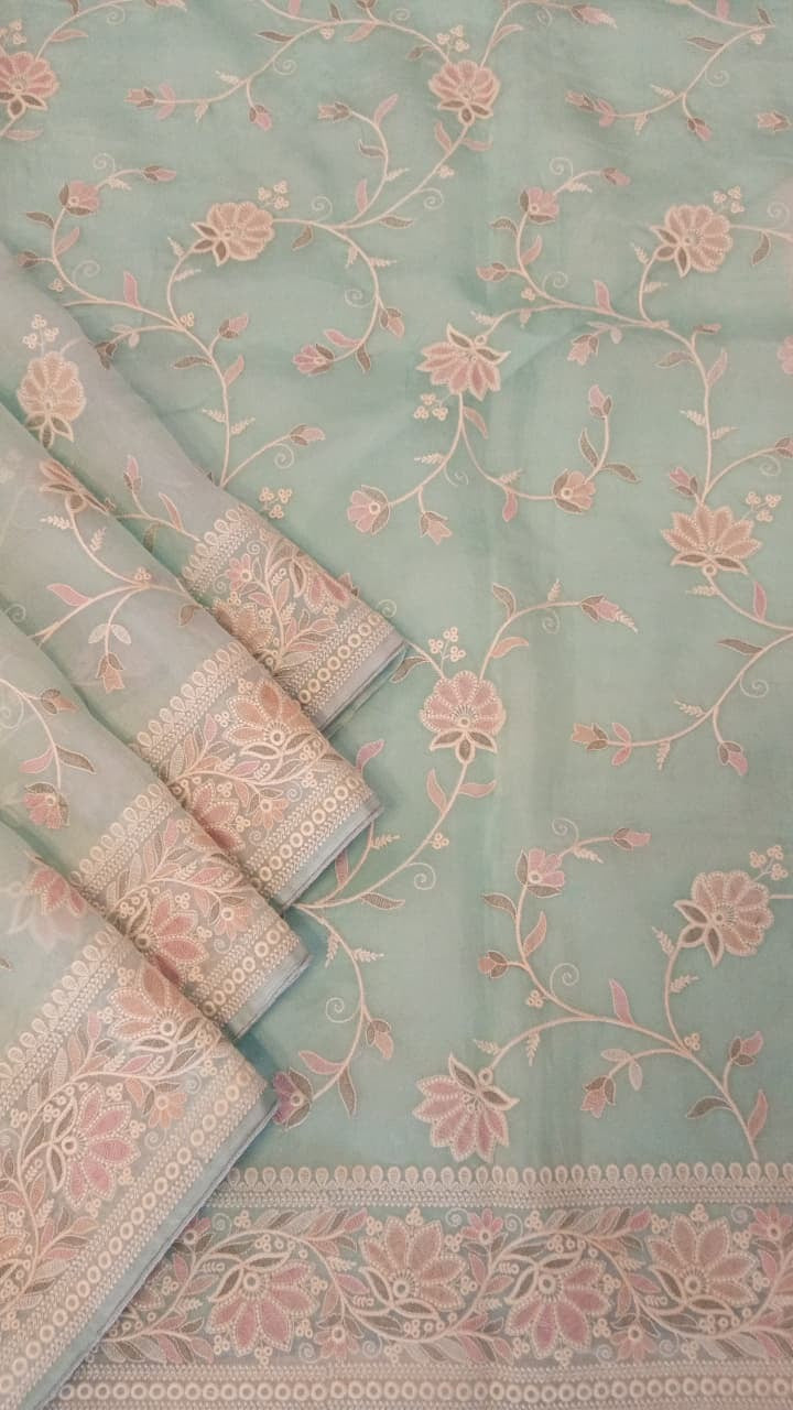 Light Sea Green Pure Organza Full Thread Work Saree