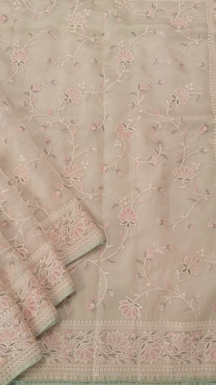 Sky Blue Pure Organza Full Thread Work Saree