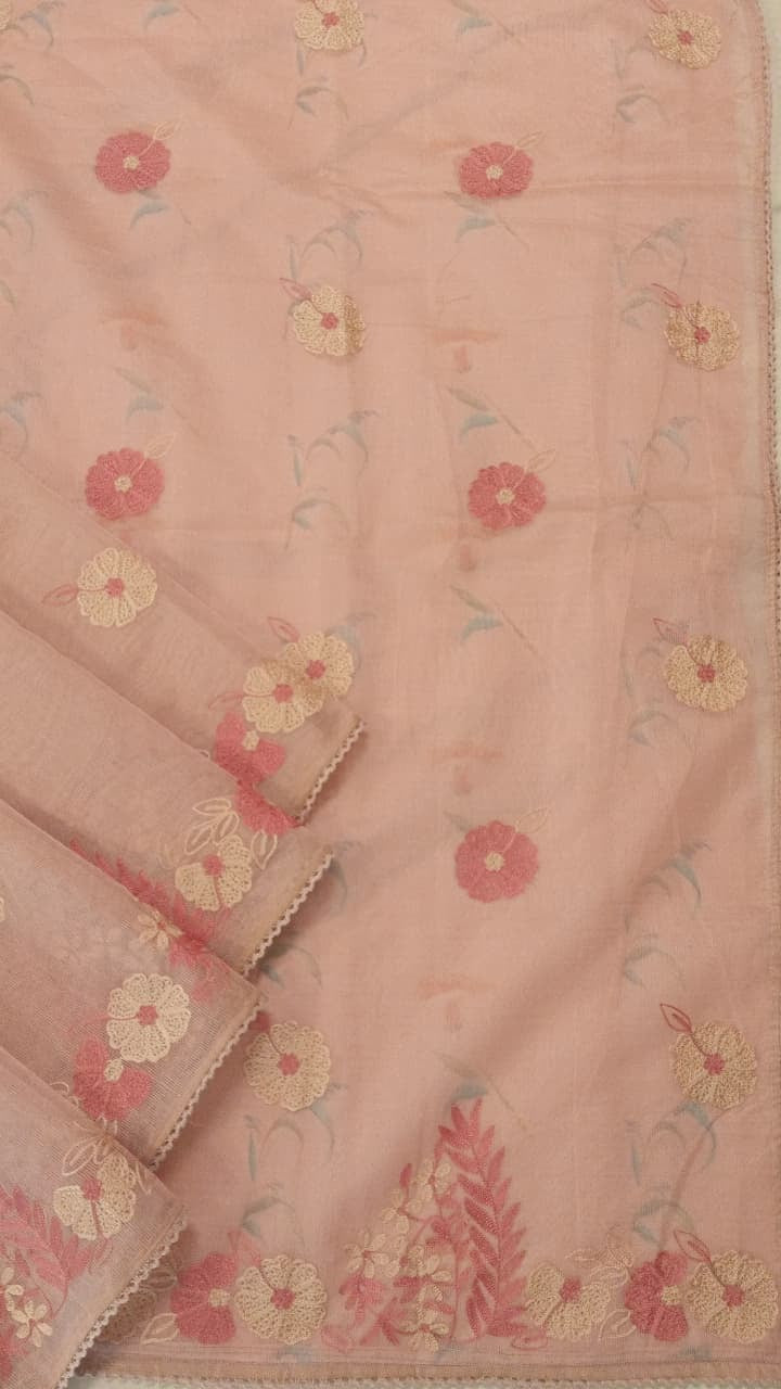 Baby Pink Silk Kota Thread Work Embroidery Saree