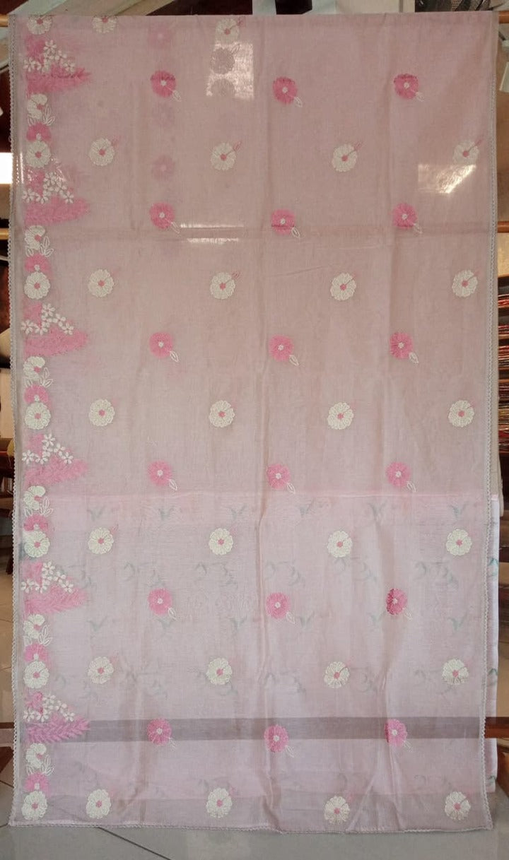 Baby Pink Silk Kota Thread Work Embroidery Saree
