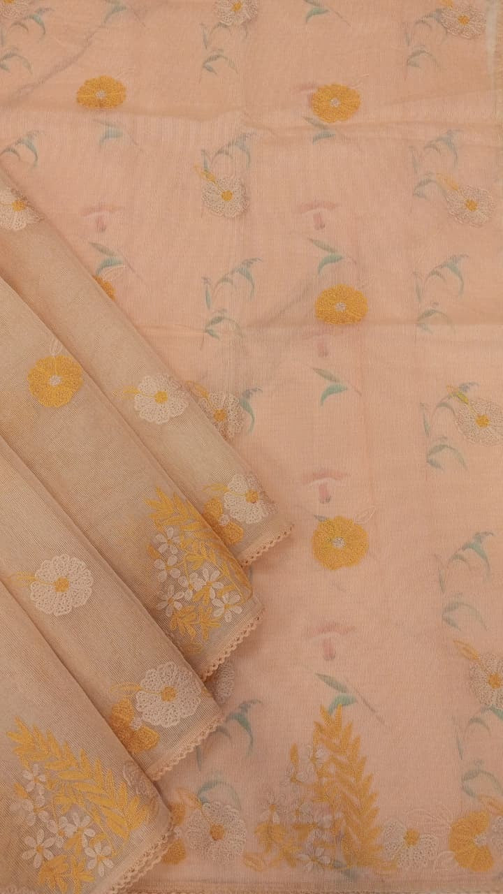 Light Peach Silk Kota Thread Work Embroidery Saree
