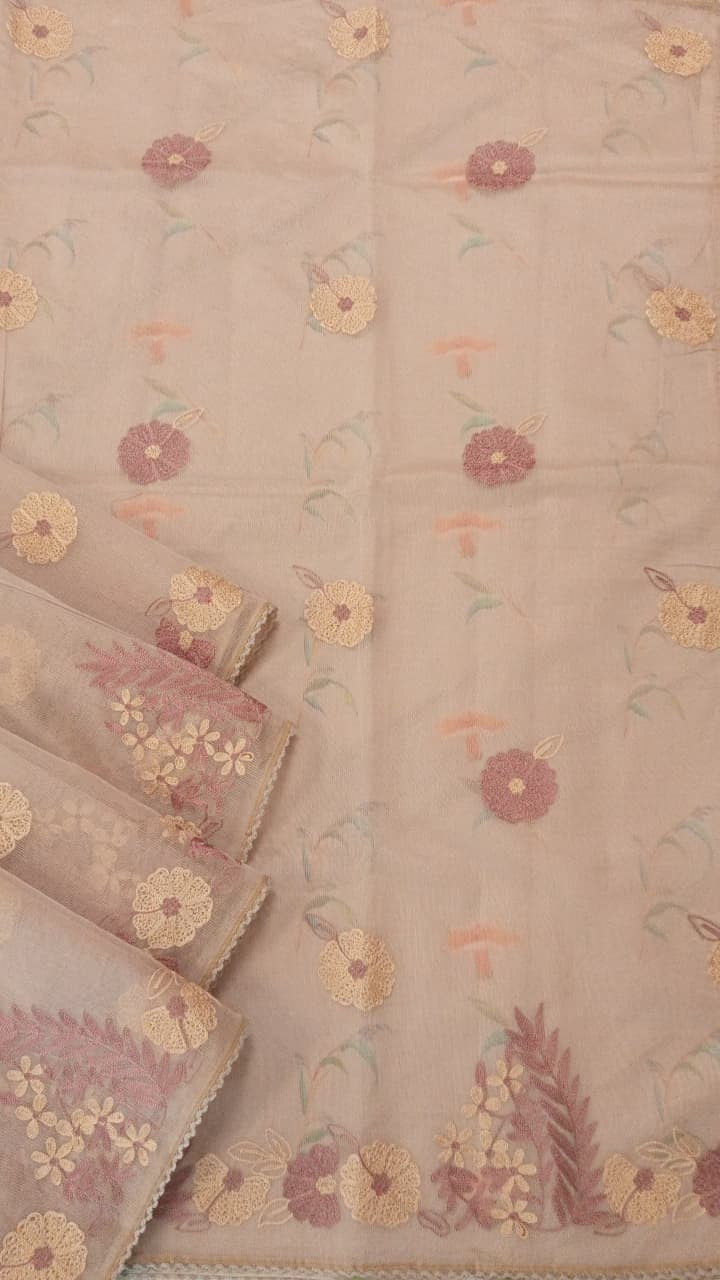 Lavender Silk Kota Thread Work Embroidery Saree