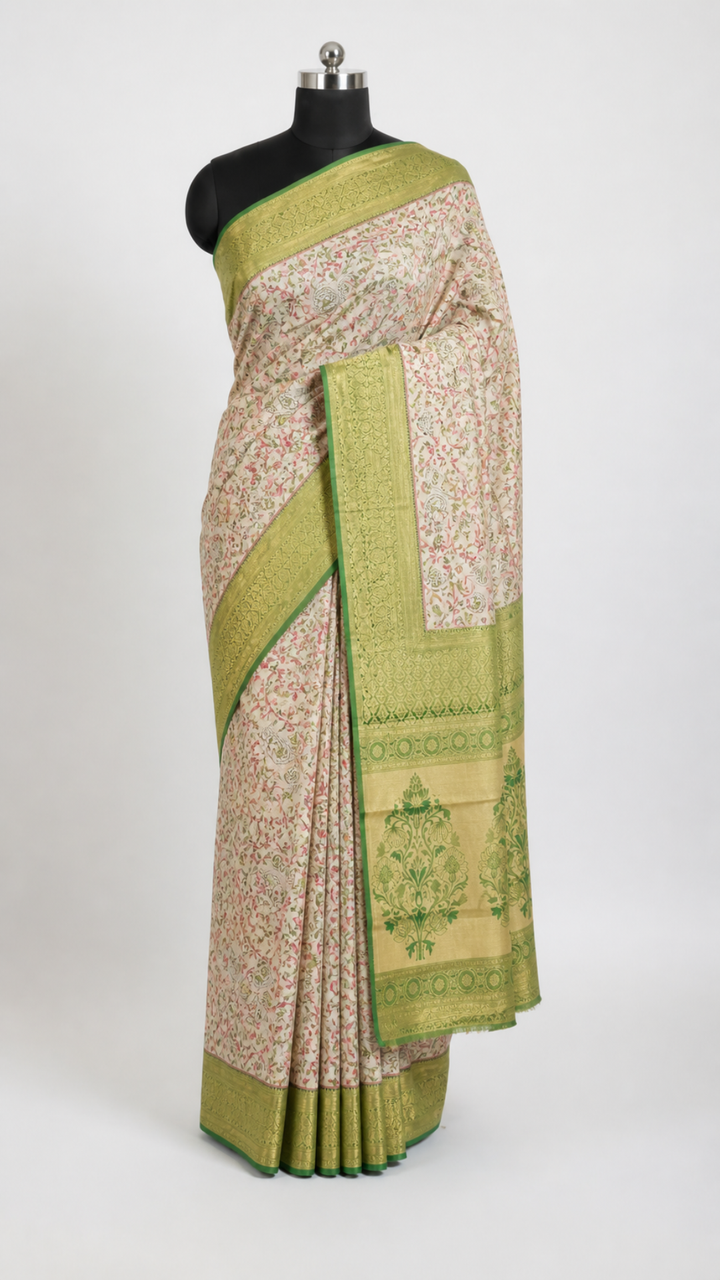 Gold & Green Kanchipuram Silk Saree with Floral Paisley Zari Weave