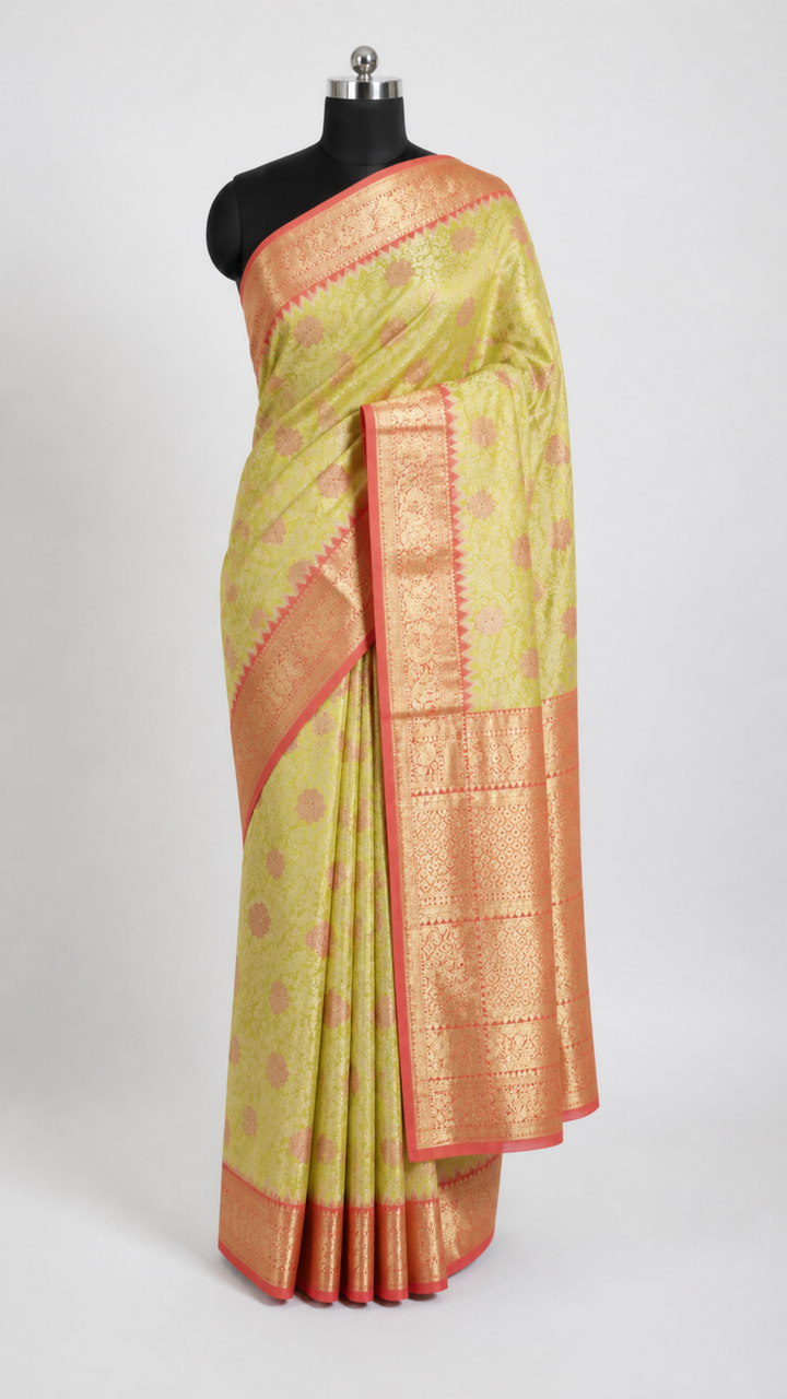 Lemon Yellow & Red Kanchipuram Silk Saree with Gold Zari Butta