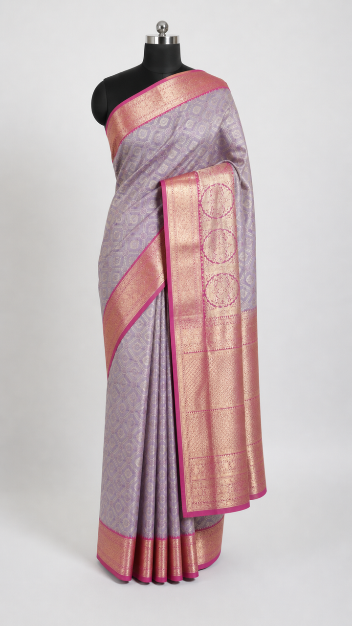 Light Lavender & Pink Kanchipuram Silk Saree with Gold Zari Weave