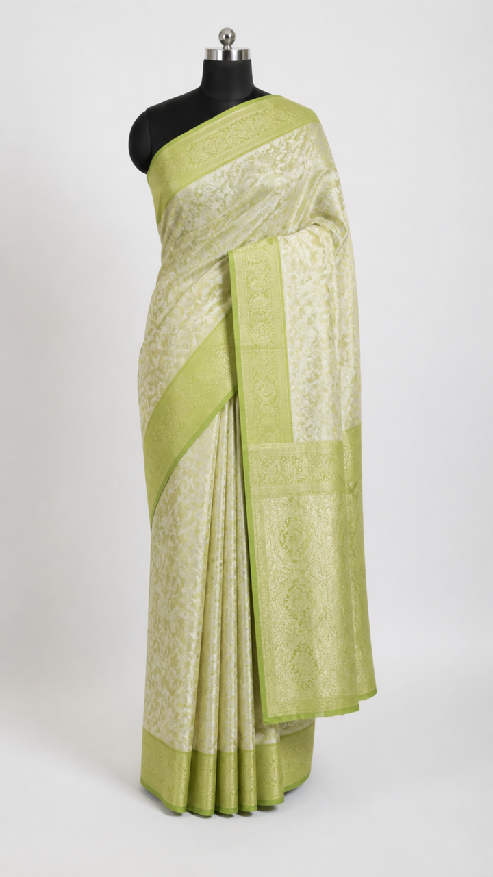Pista Green & Silver Kanchipuram Silk Saree with Floral Zari Weave