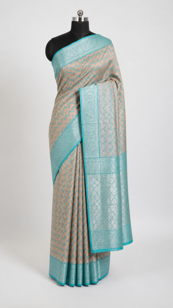 Sky Blue & Silver Kanchipuram Silk Saree with Zigzag Zari Weave