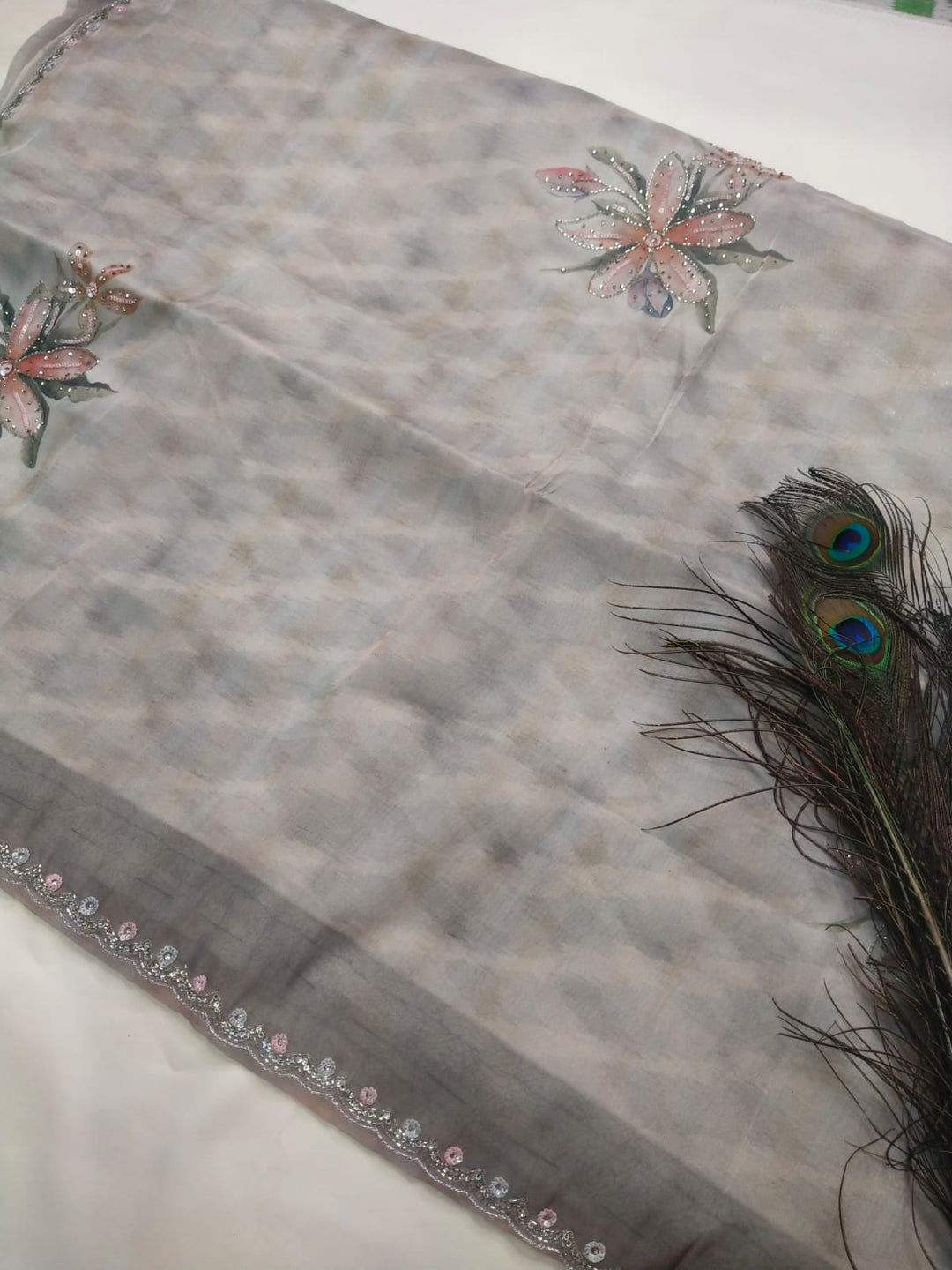 Organza Printed Work Saree With Blouse Piece