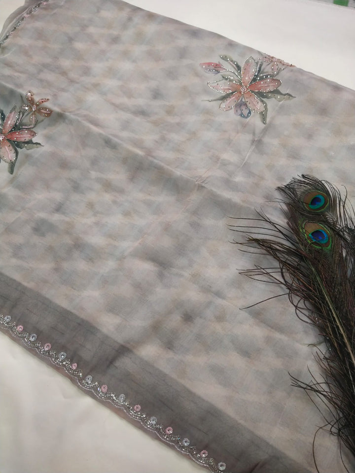 Organza Printed Work Saree With Blouse Piece
