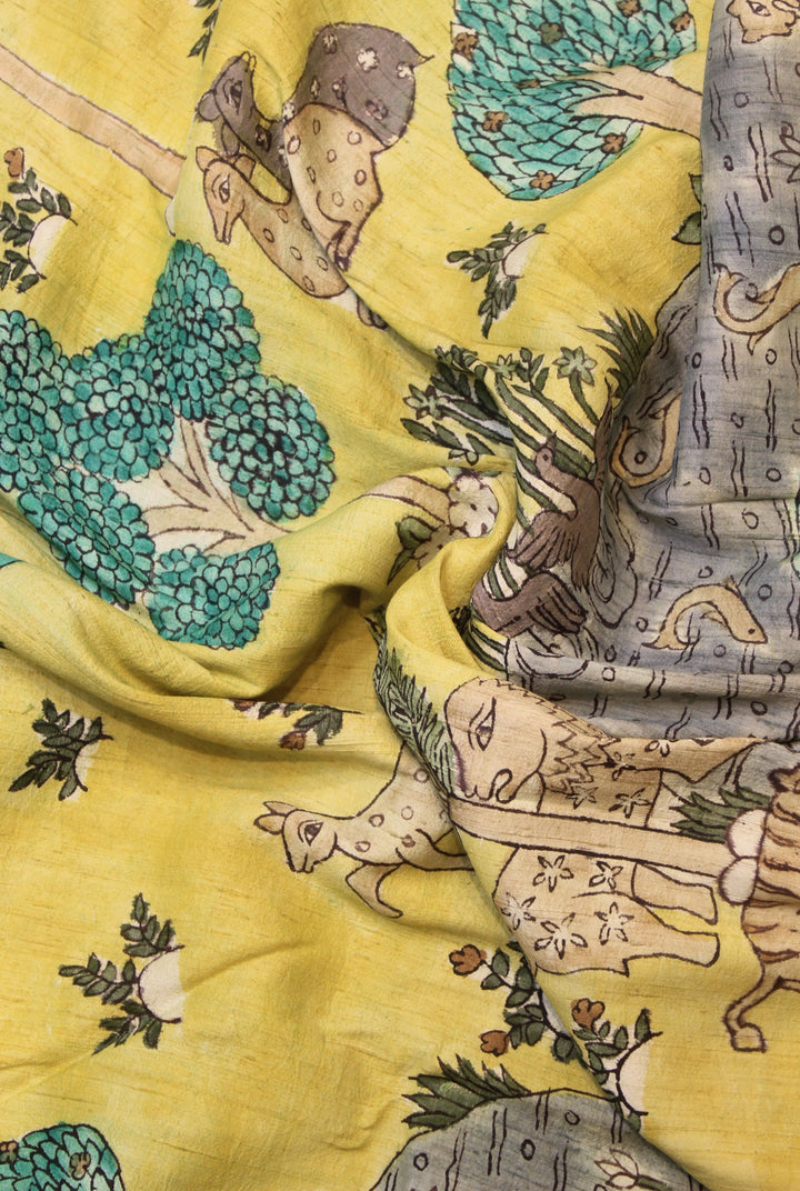 Mustard Colour Raw Silk Pen kalamkari Fabric