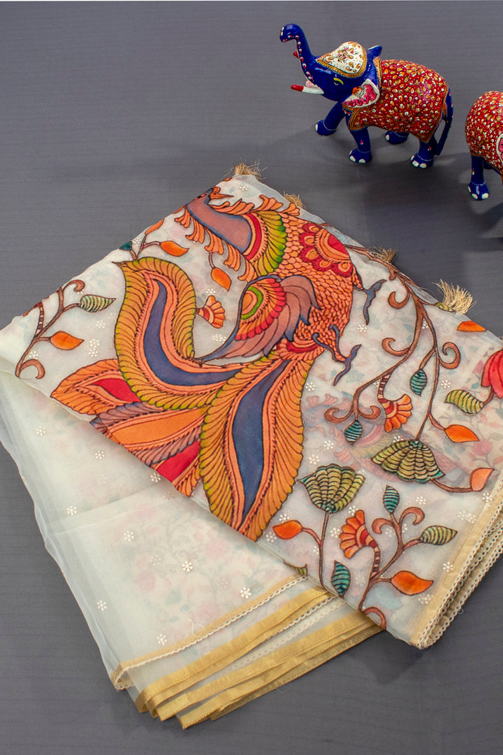 Organza kalamkari patch work saree