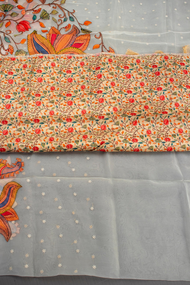 Organza kalamkari patch work saree