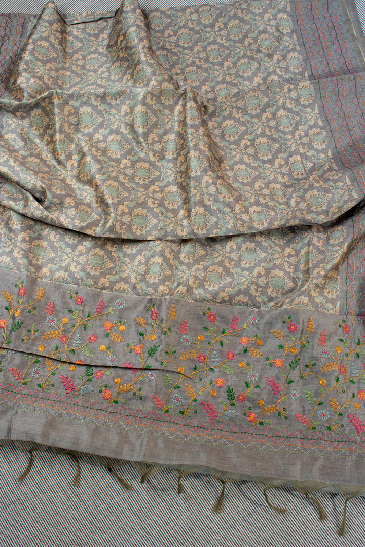 Tussar silk saree with kantha work