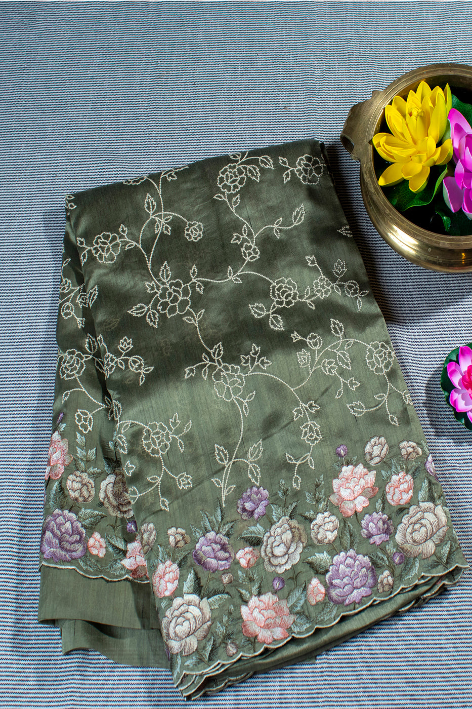 Raw Silk with Floral Cutwork border