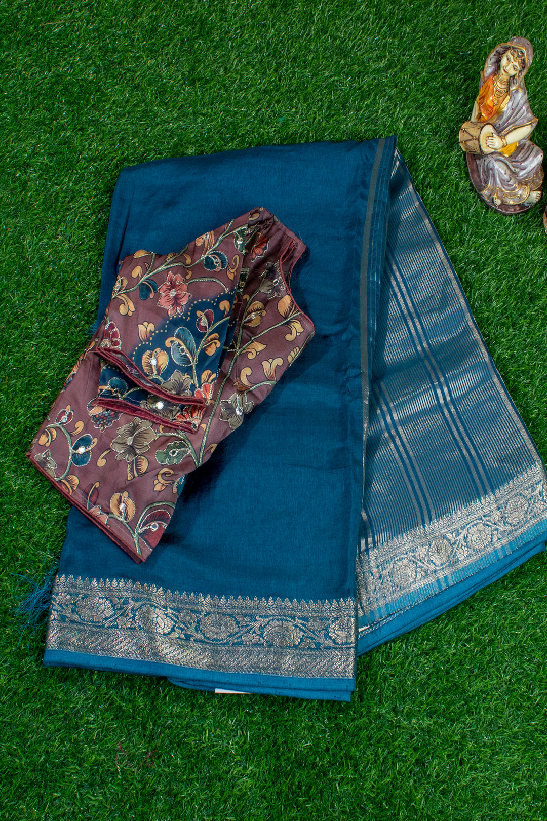 Semi Silk Saree with ready-made Kalamkari Blouse