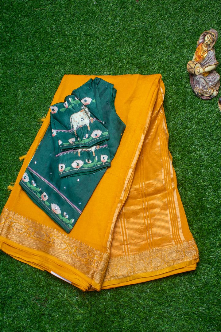 Semi Silk Saree with ready-made Kalamkari Blouse