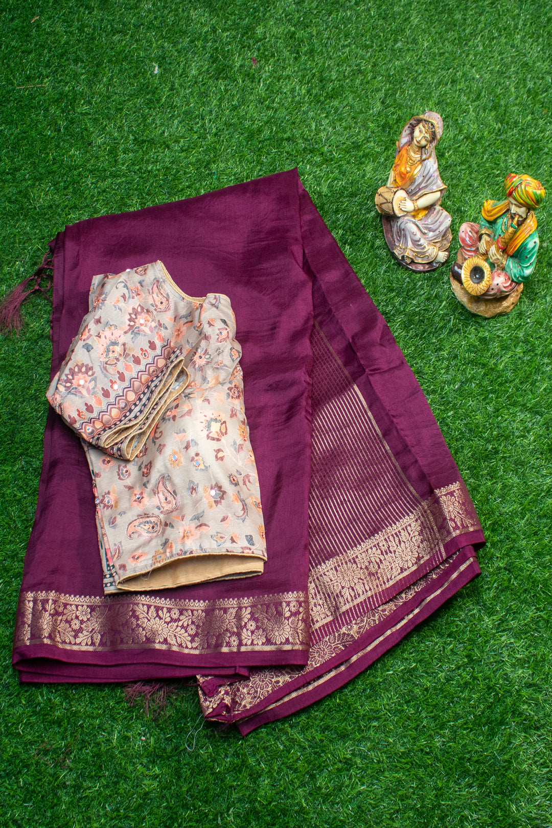 Semi Silk Saree with ready-made Kalamkari Blouse