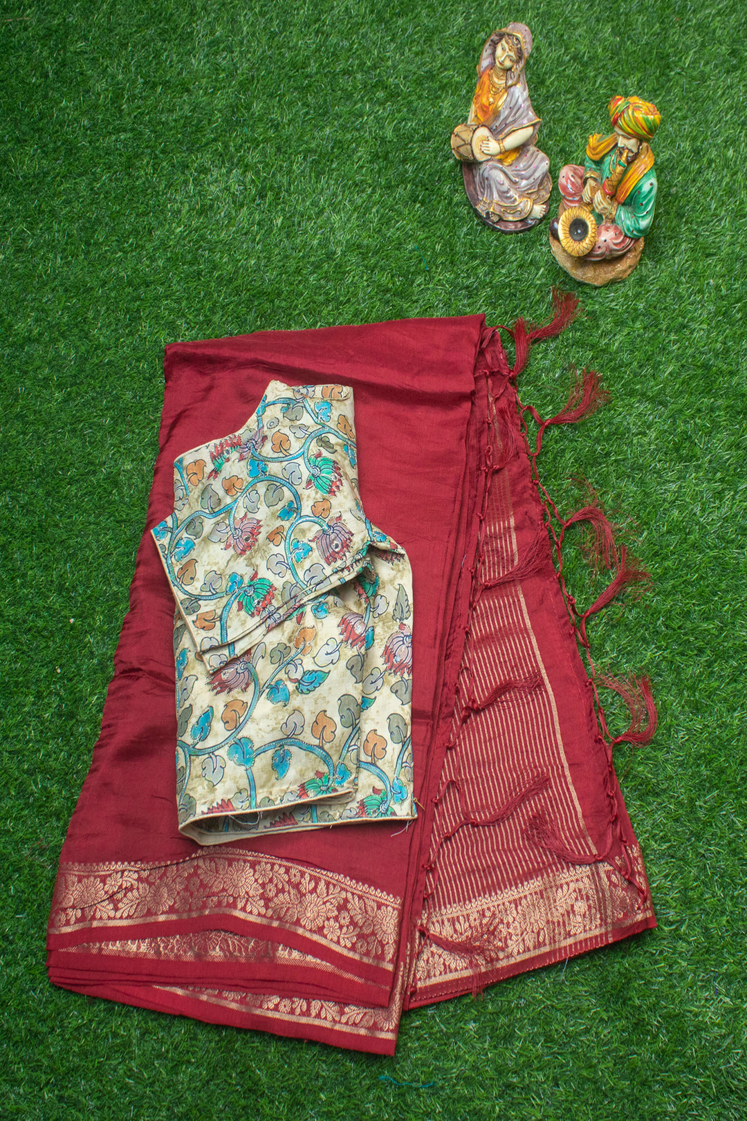 Semi Silk Saree with ready-made Kalamkari Blouse