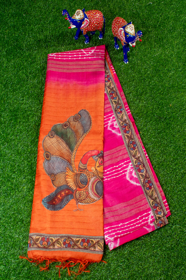 Jute Saree with Kalamkari Patch work in Pallu & Border