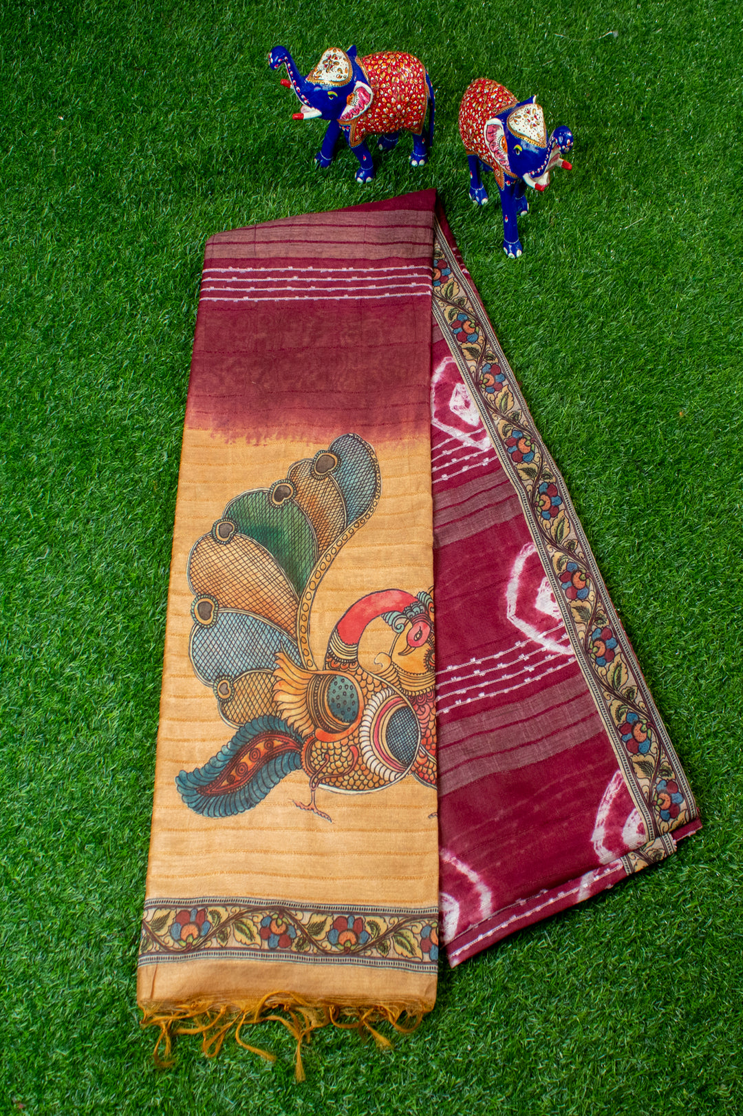 Jute Saree with Kalamkari Patch work in Pallu & Border