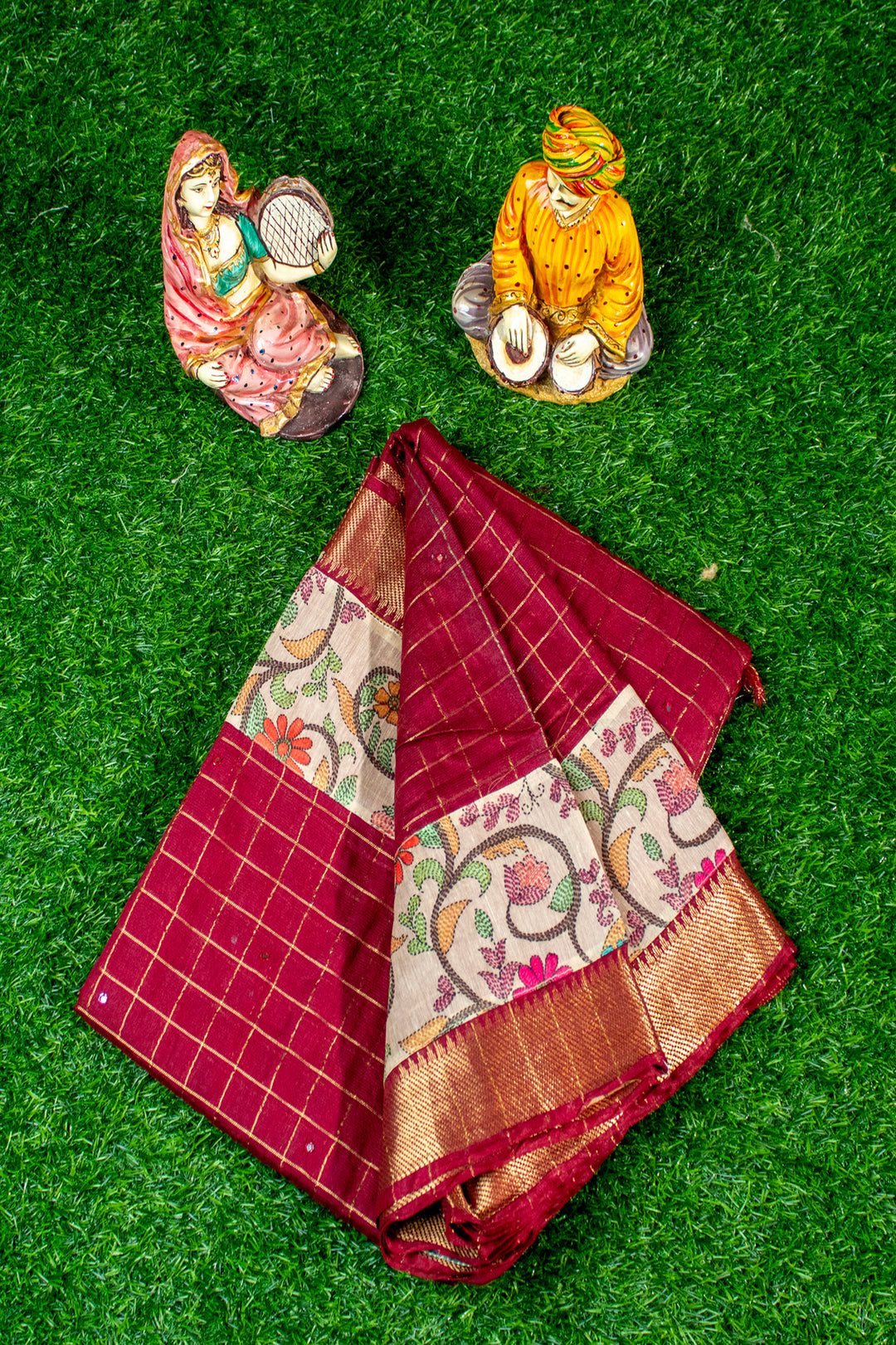 Mangaliri Saree with Kalamkari border patch & Mirror butta all over