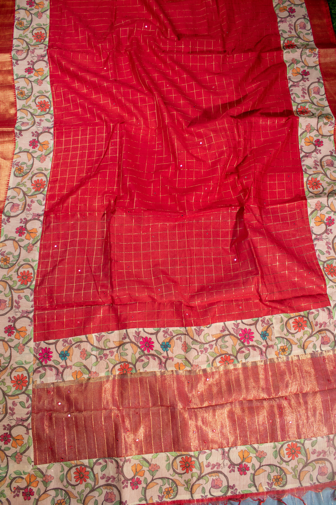 Mangaliri Saree with Kalamkari border patch & Mirror butta all over