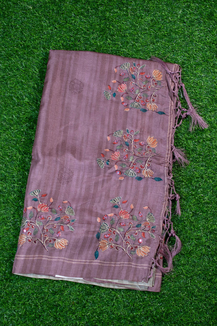 Embroidery floral design tussar silk saree