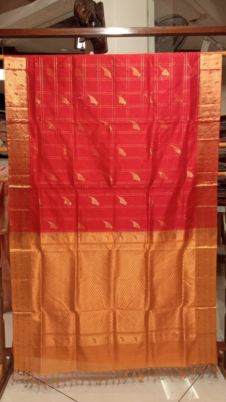 Silk Cotton Saree - Red with Gold Zari Border (SICO)