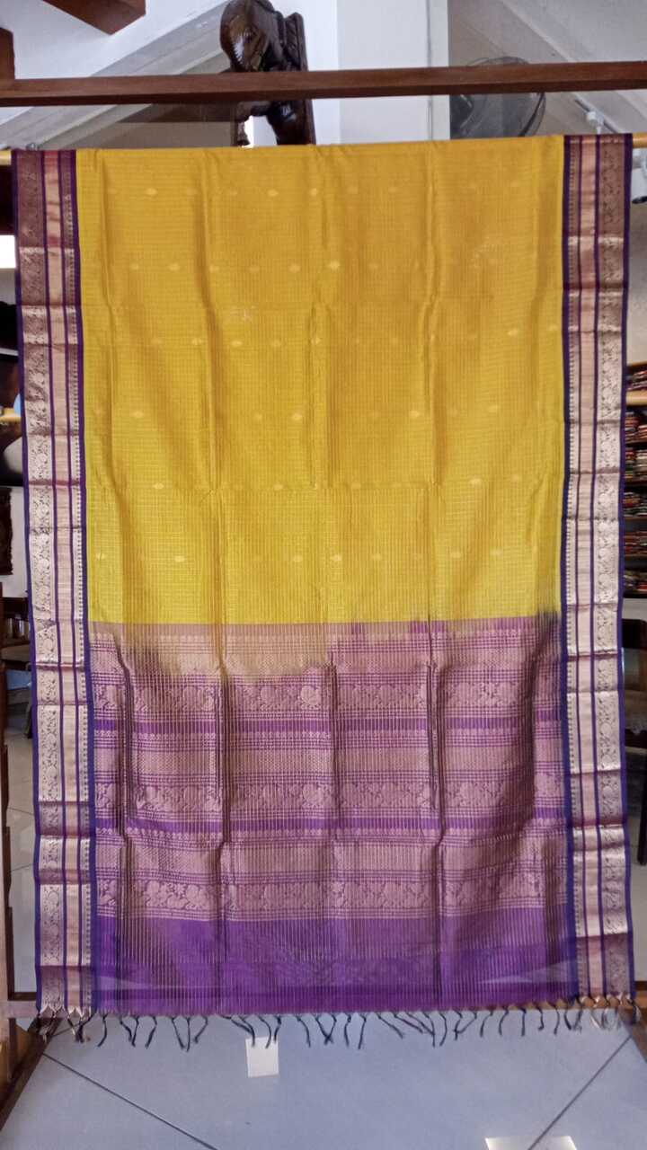 Silk Cotton Saree - Yellow with Purple Zari Border