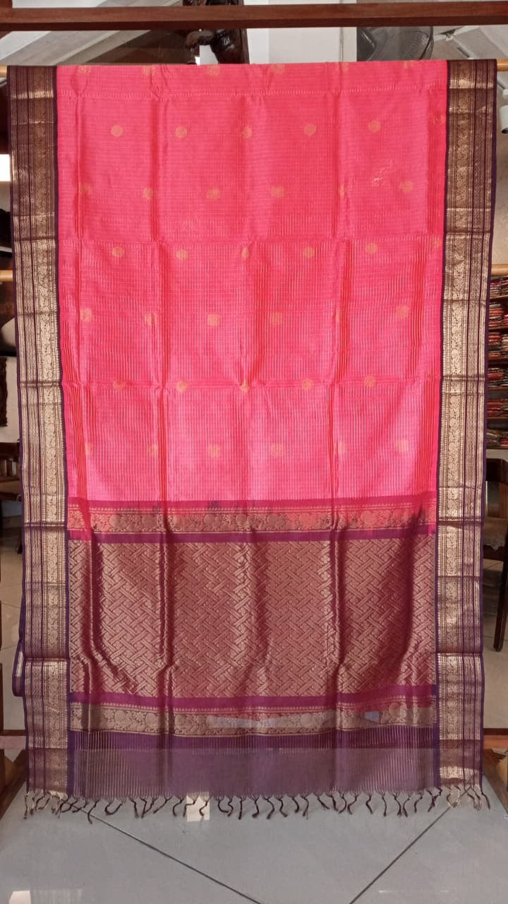 Silk Cotton Saree - Pink with Dark Maroon Zari Border
